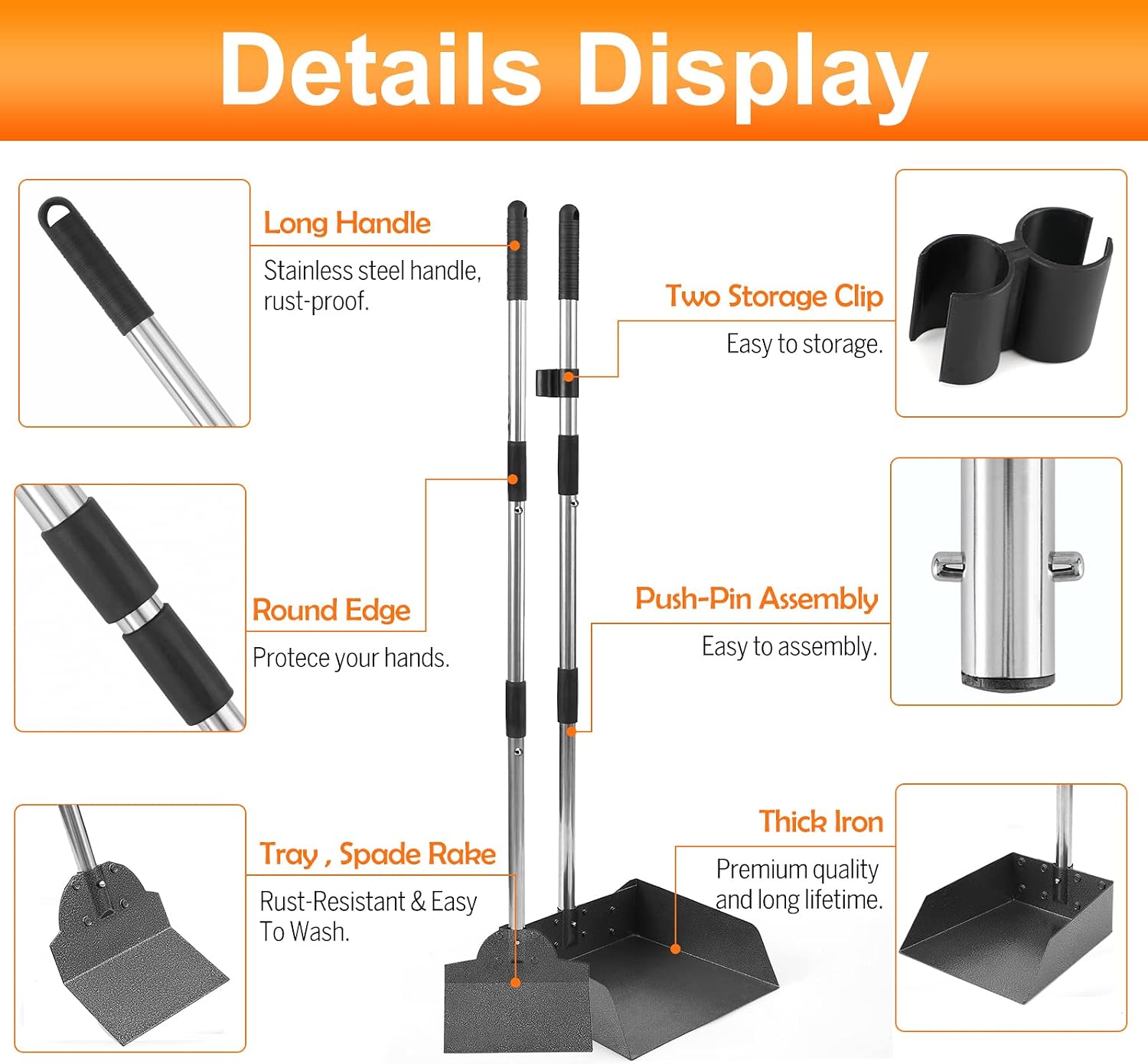 Adjustable long handle dog poop scooper standing upright on a garden lawn