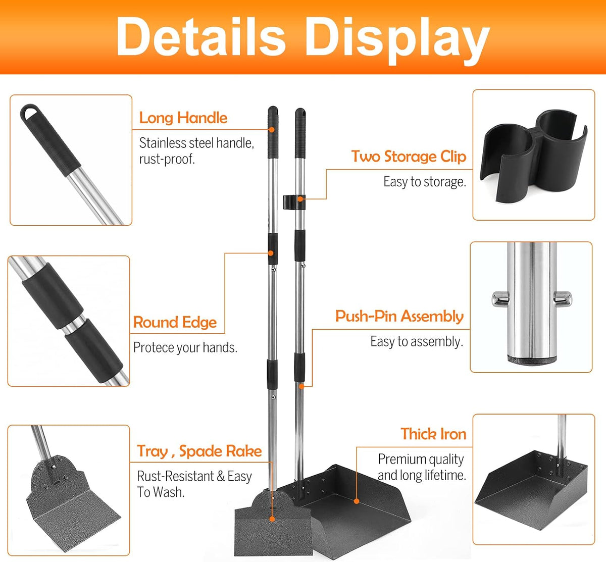 Adjustable long handle dog poop scooper standing upright on a garden lawn