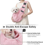Riuja dog carrier sling worn by person for scale