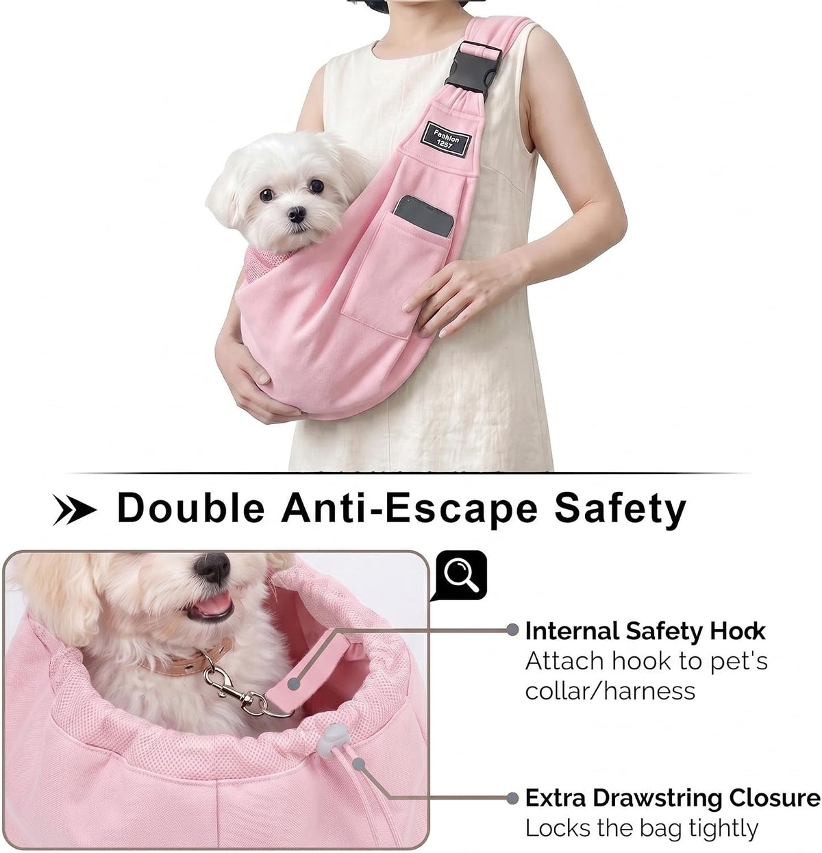 Riuja dog carrier sling worn by person for scale