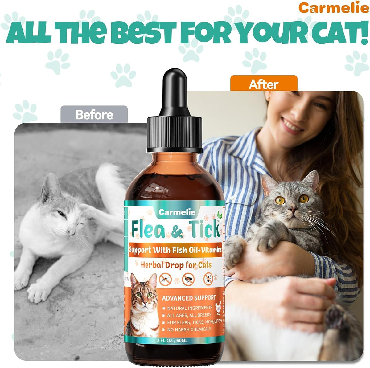 Oral flea and tick liquid drop packaging for kittens and senior cats