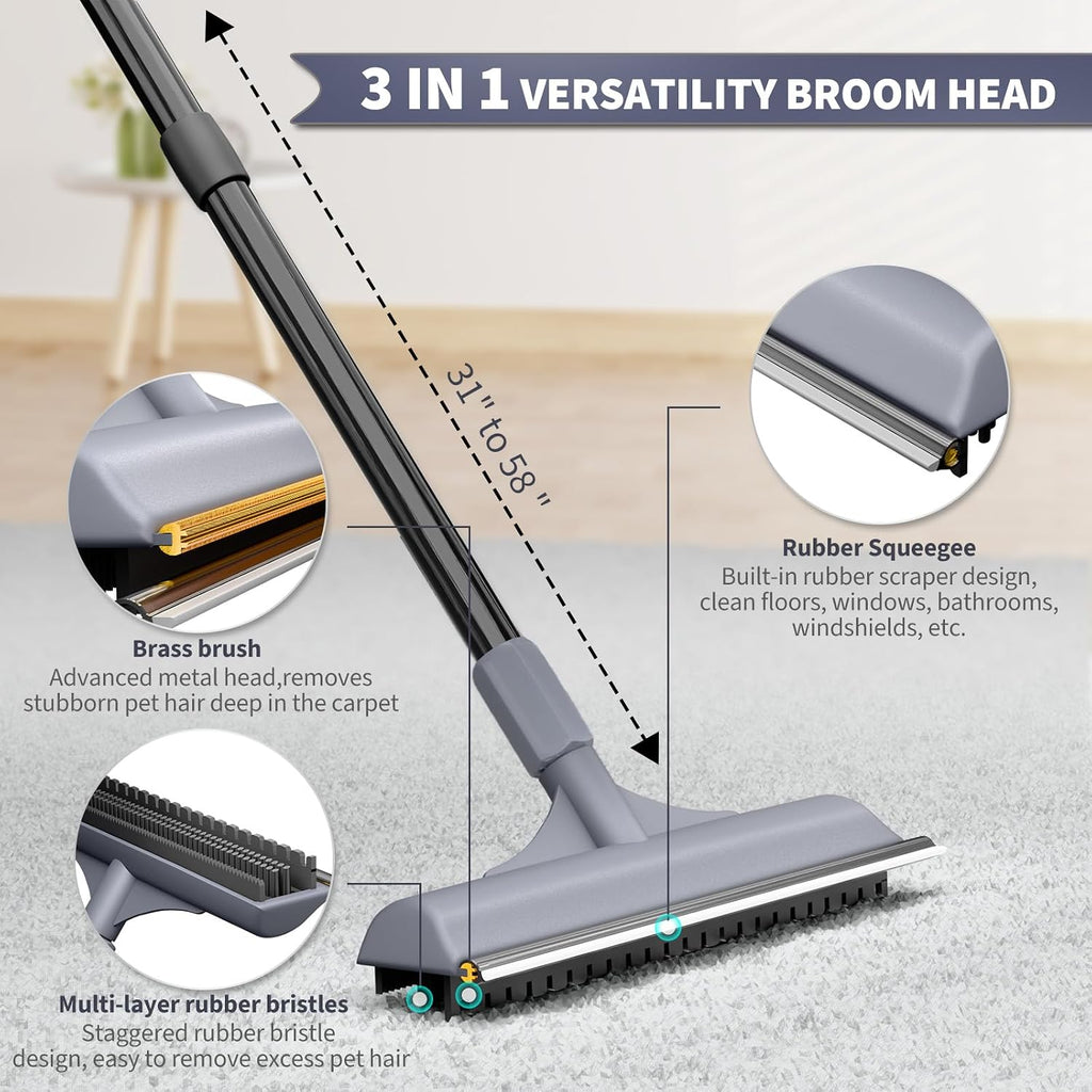 Long handle pet hair remover for shag rugs