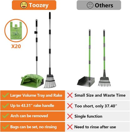 Toozey large dog pooper scooper rake cleaning waste efficiently from backyard gravel and dirt