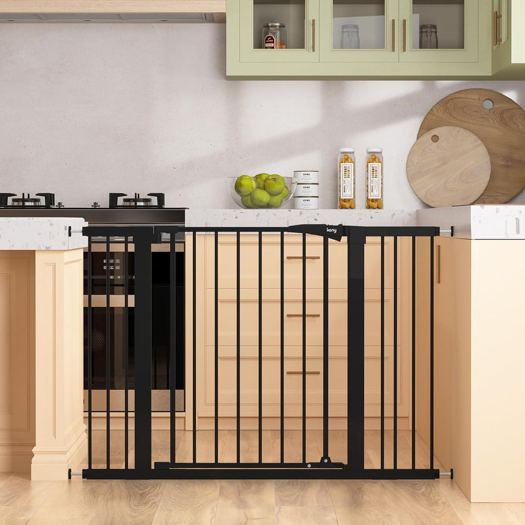 Keny baby gate front view showcasing adjustable black metal bars for doorway safety.