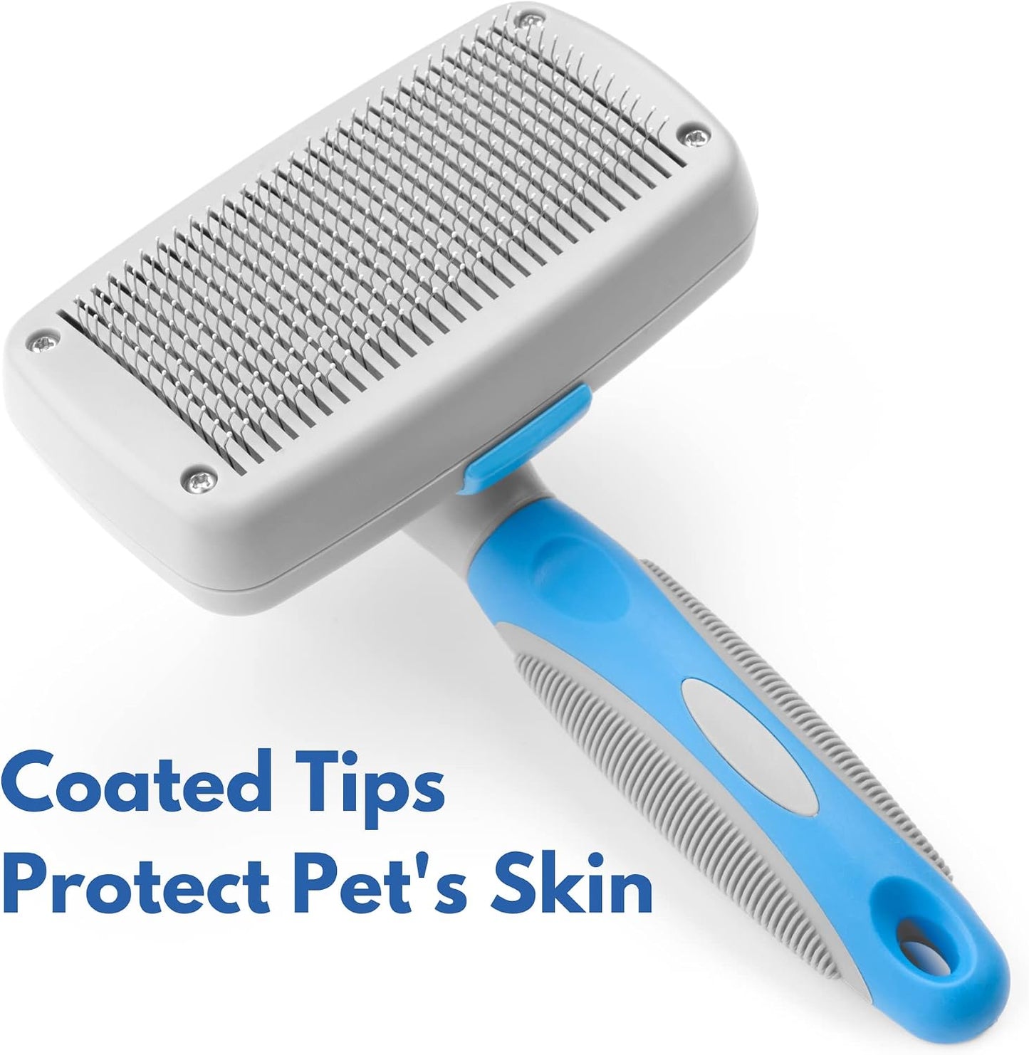 Freshly Bailey white and blue slicker brush ergonomic non-slip handle close up