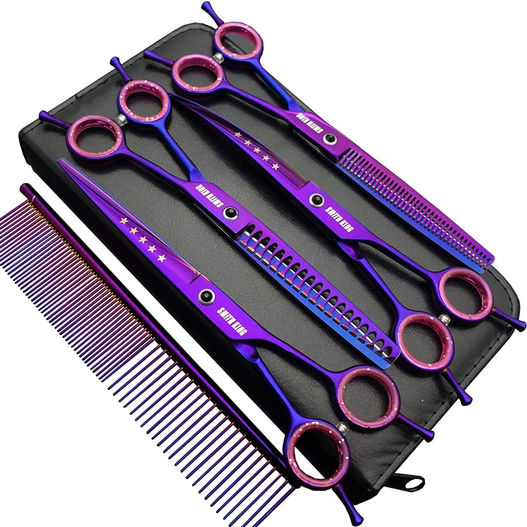 Smithking professional dog grooming scissors set front view with purple shears and leather case