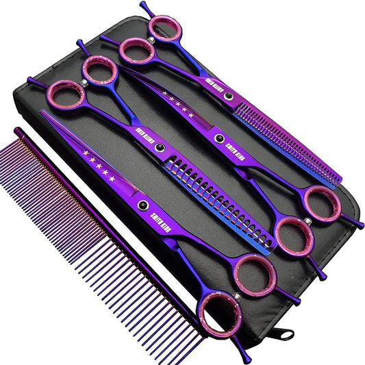 Smithking professional dog grooming scissors set front view with purple shears and leather case