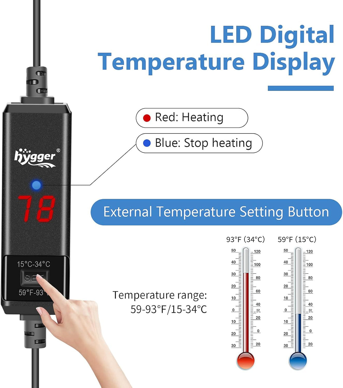 Submersible quartz glass fish tank heater showing LED temperature display