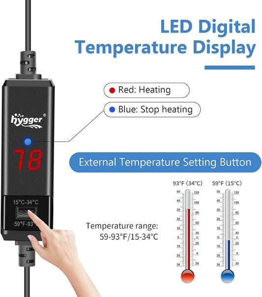 Submersible quartz glass fish tank heater showing LED temperature display