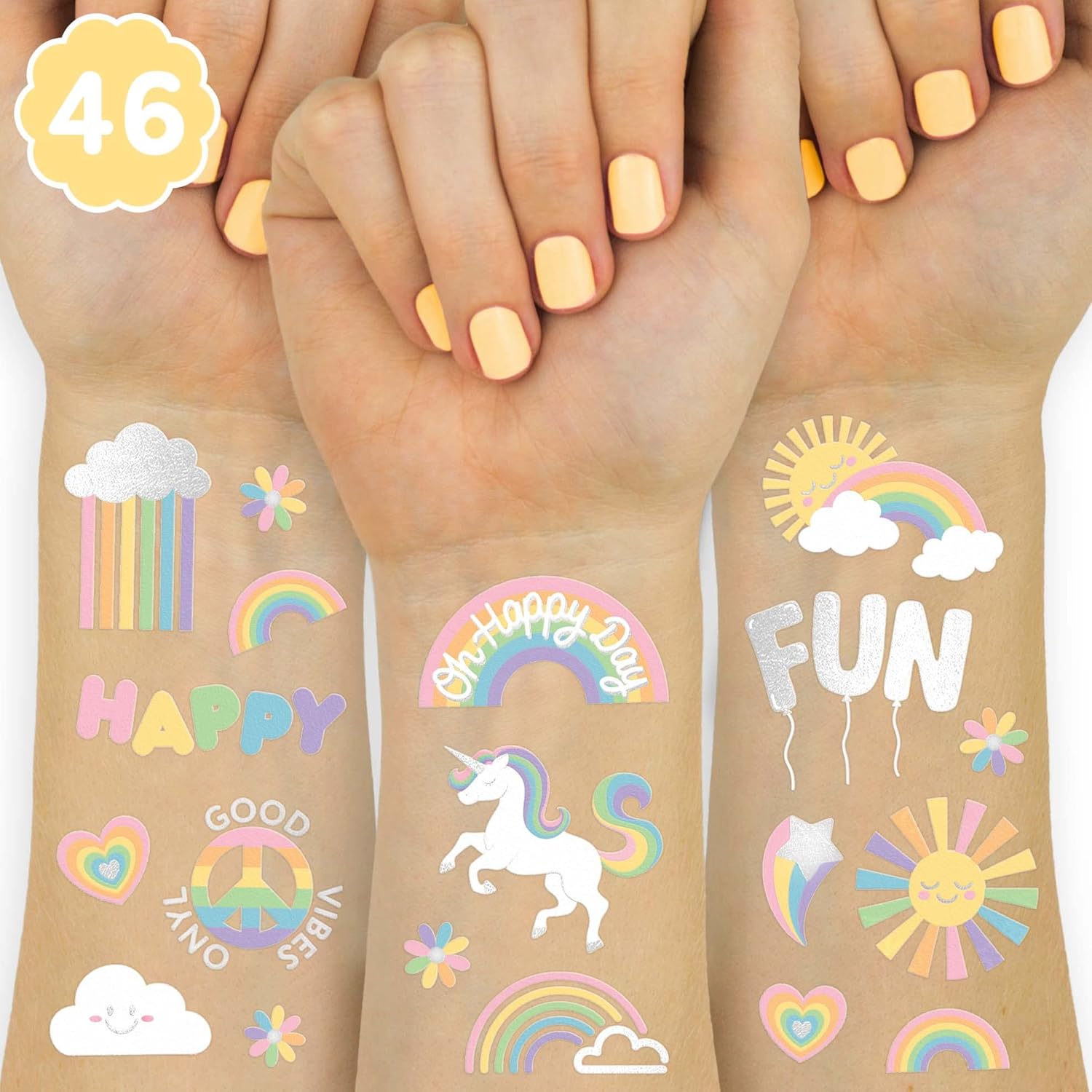 xo, Fetti Rainbow Temporary Tattoos - 46 Glitter Styles | Unicorn Birthday Party Supplies, Oh Happy Day Baby Shower, Magical Party Favors - Image 1