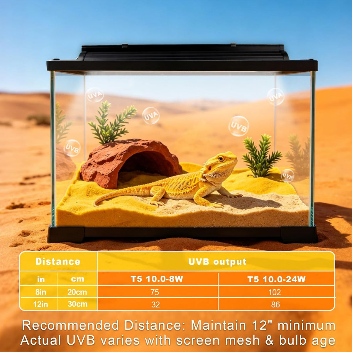 Hygger Zoo T5 reptile lighting combo kit placed on top of a mesh screen cover for a bearded dragon terrarium