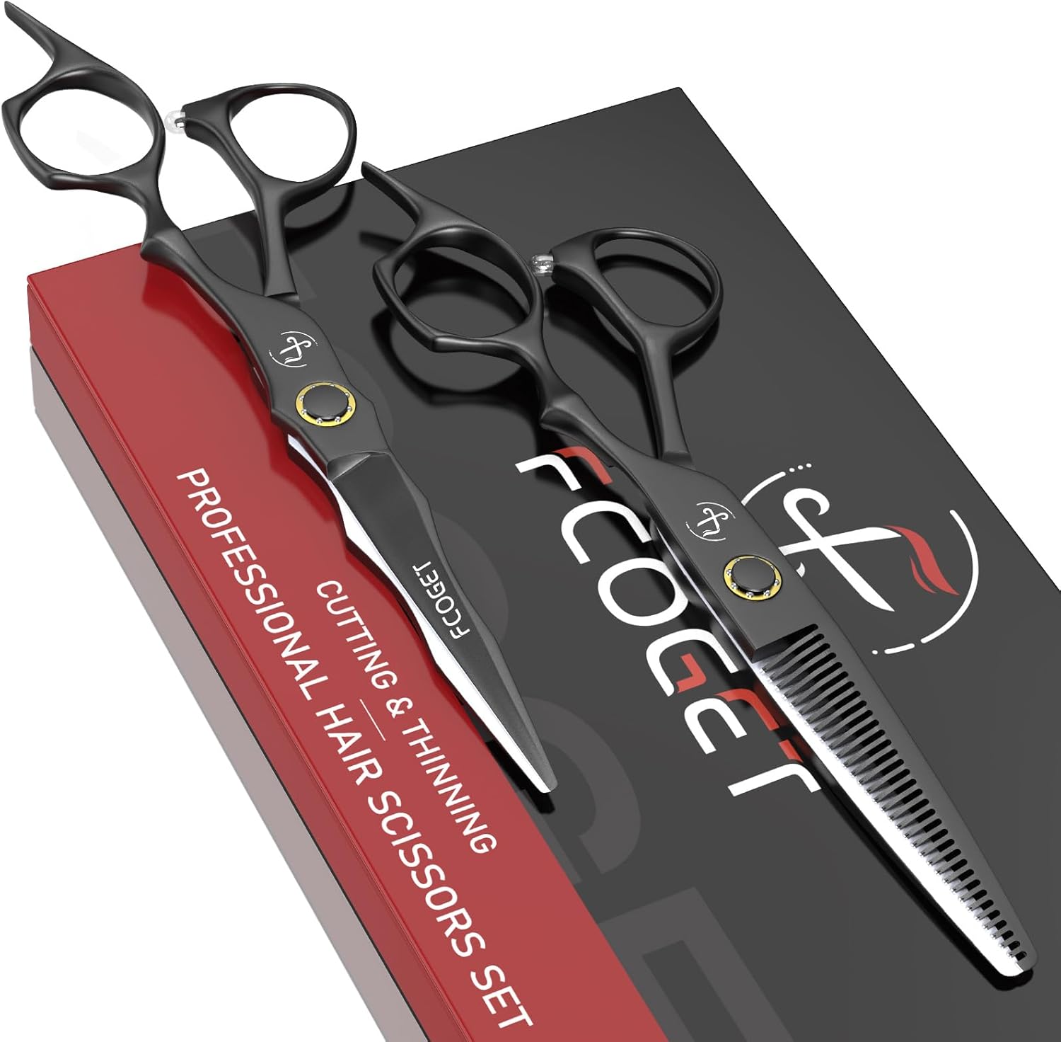 Fcoget professional barber hair scissors thinning shears kit front view showing straight and texturizing blades