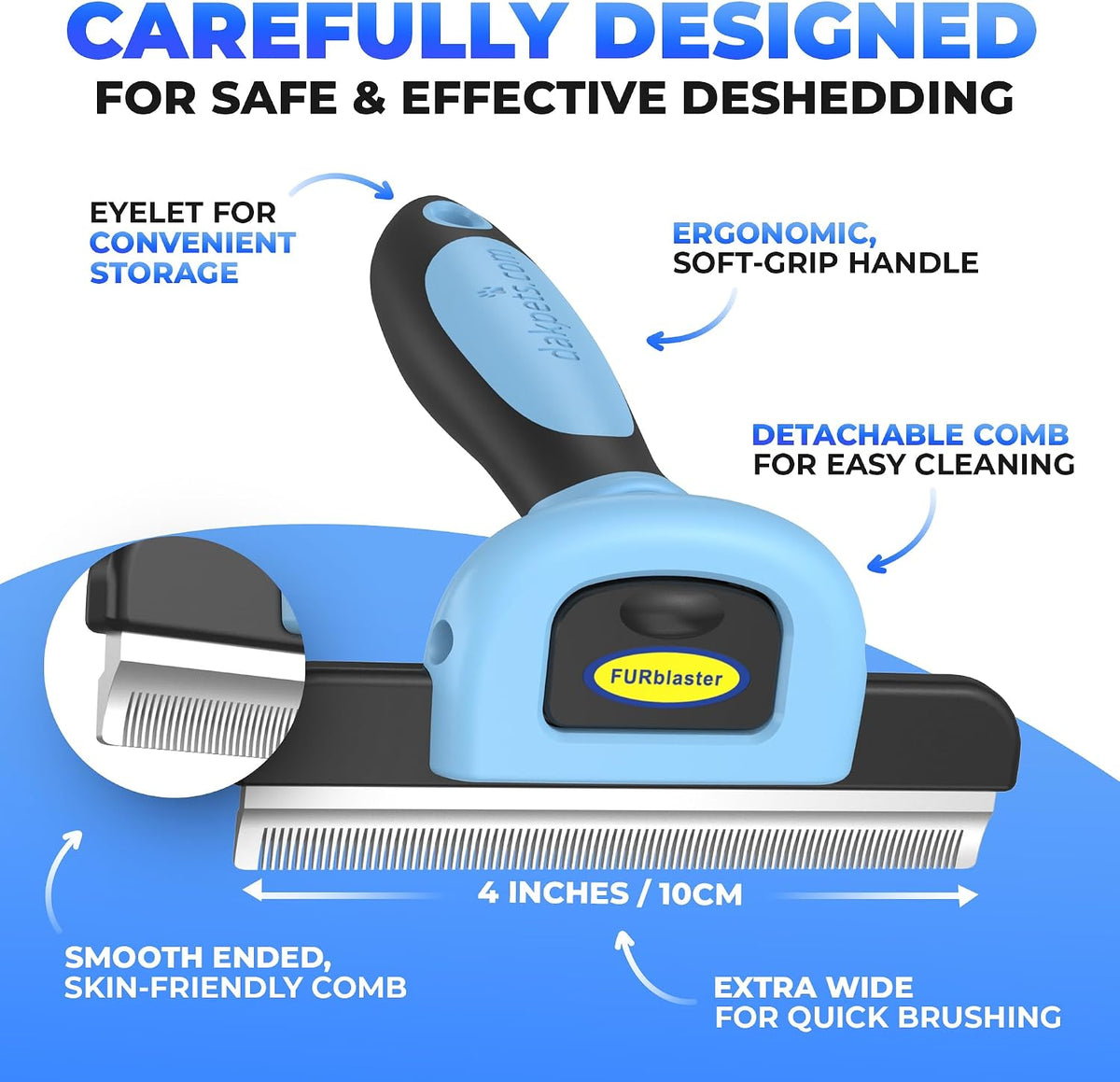 Ergonomic non-slip rubber handle of the DakPets blue pet brush