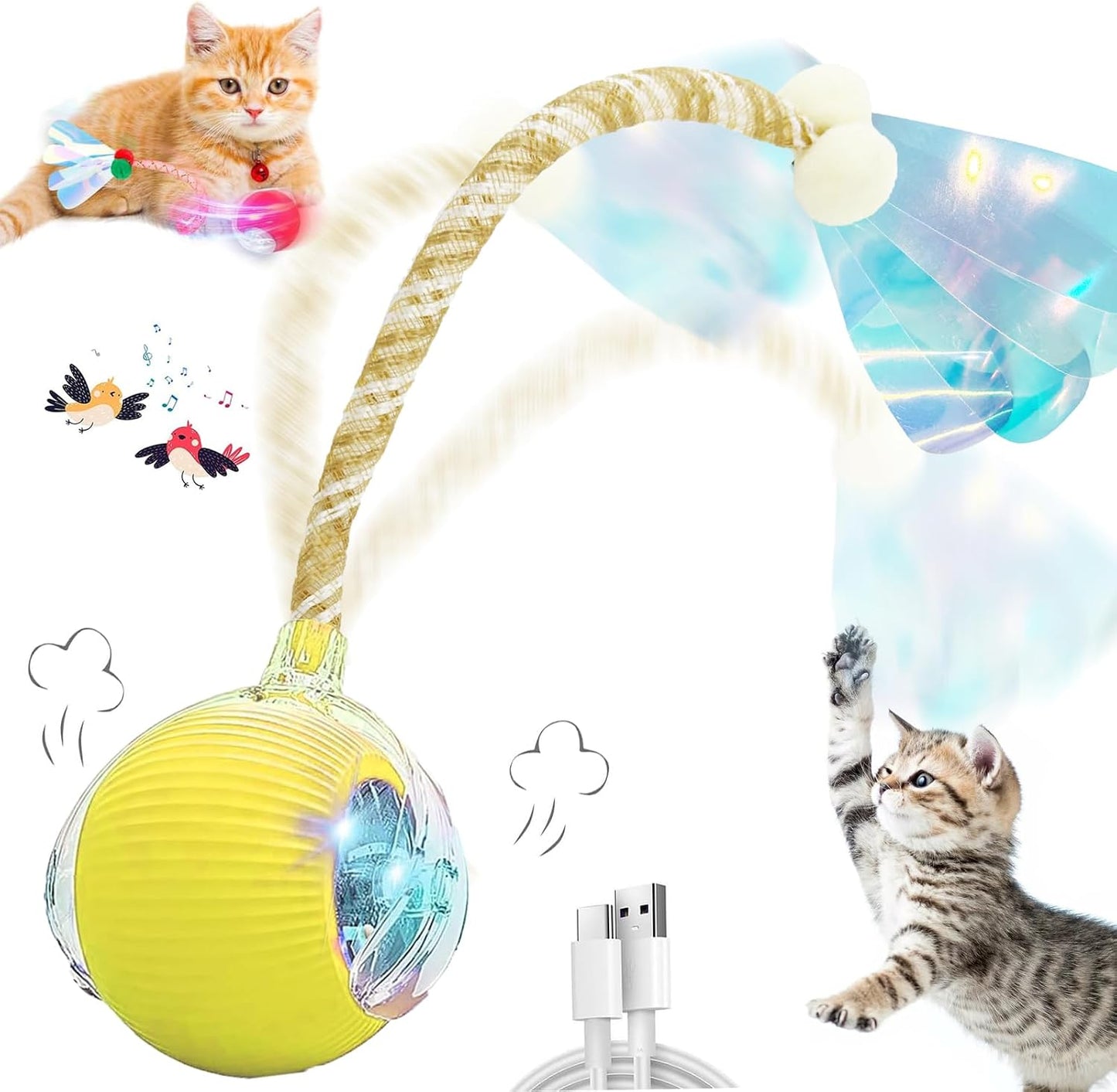 Speedy 2.0 Tail 2 Packs Interactive Cat Toys for Indoor Cats, Automatic Cat Toy with Elastic Mesh Tail, Electric Rolling Ball on Carpet, Chirping and Motion Activate Cat - Image 13