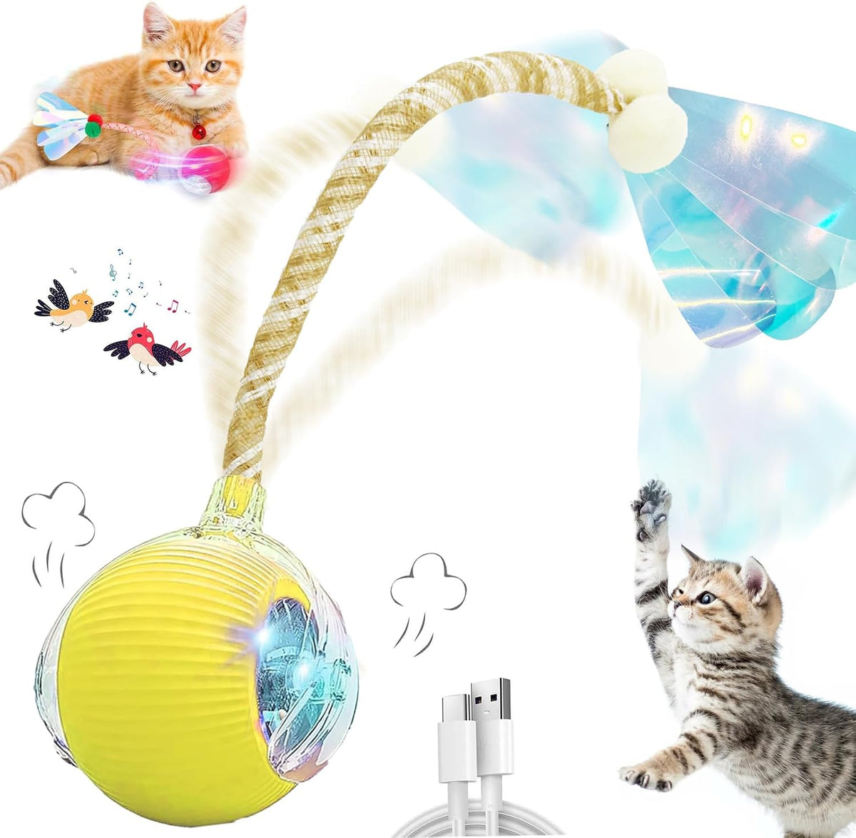 Speedy 2.0 Tail 2 Packs Interactive Cat Toys for Indoor Cats, Automatic Cat Toy with Elastic Mesh Tail, Electric Rolling Ball on Carpet, Chirping and Motion Activate Cat - Image 13