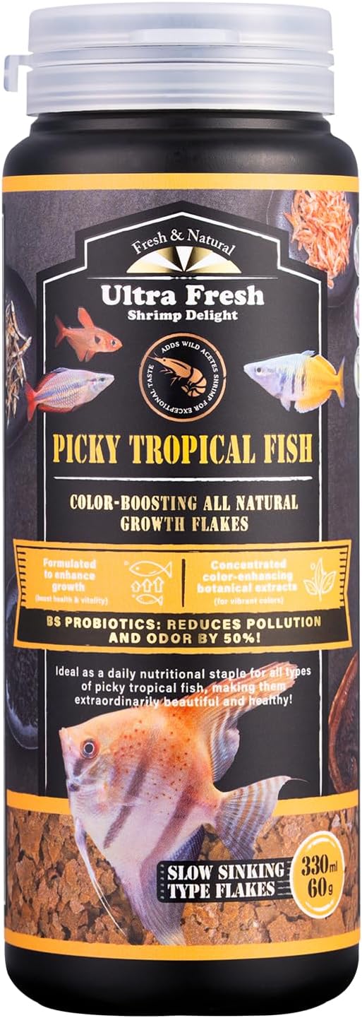 Ultra Fresh fish flakes product close up highlighting clear water formula