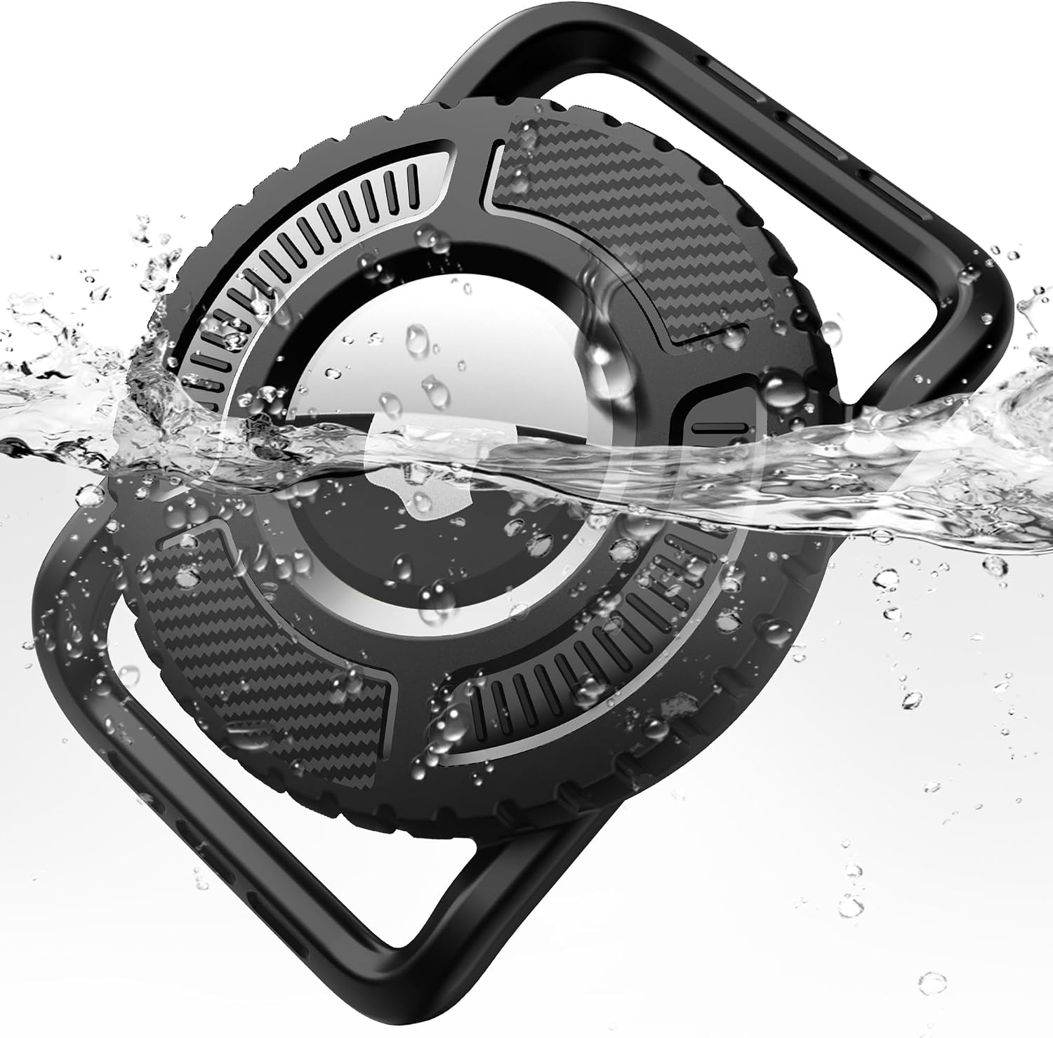 DDJ waterproof pet collar airtag holder front view showcasing rugged black carbon fiber texture