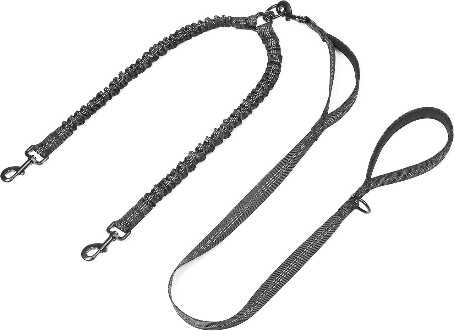 iYoPets double dog leash black front view showing tangle free swivel hook.