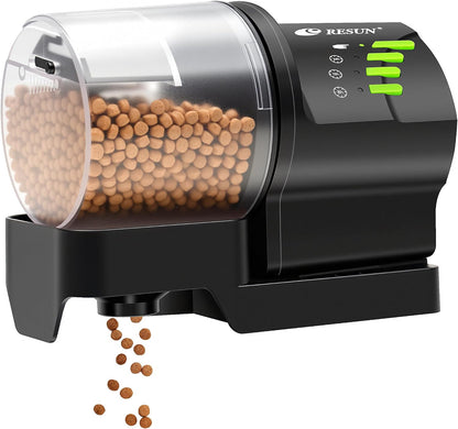 Ycozy automatic fish feeder front view showcasing the digital timer control buttons and compact black body design.