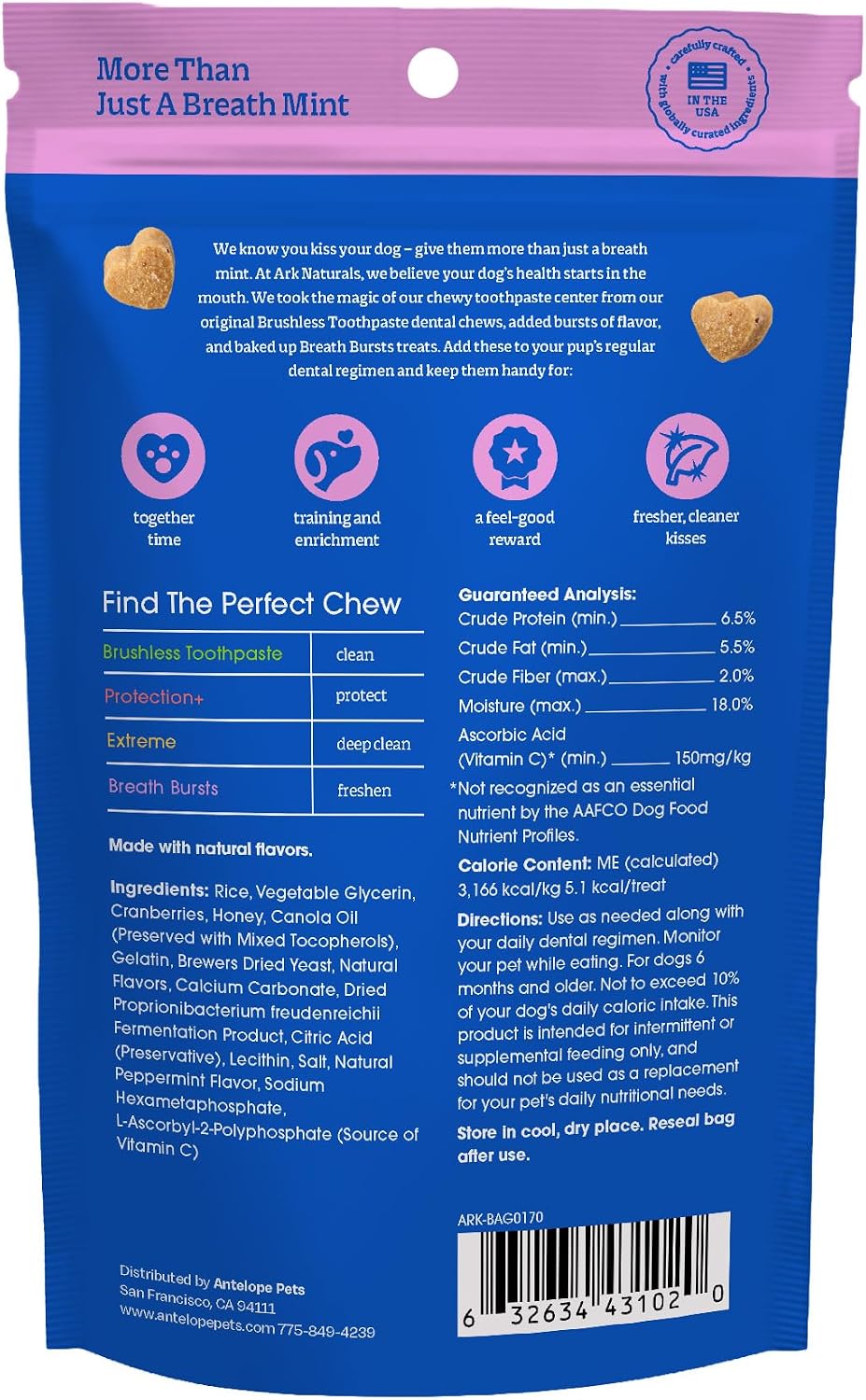 Ark Naturals Breath Bursts peppermint flavor soft baked dental treats for small dogs.