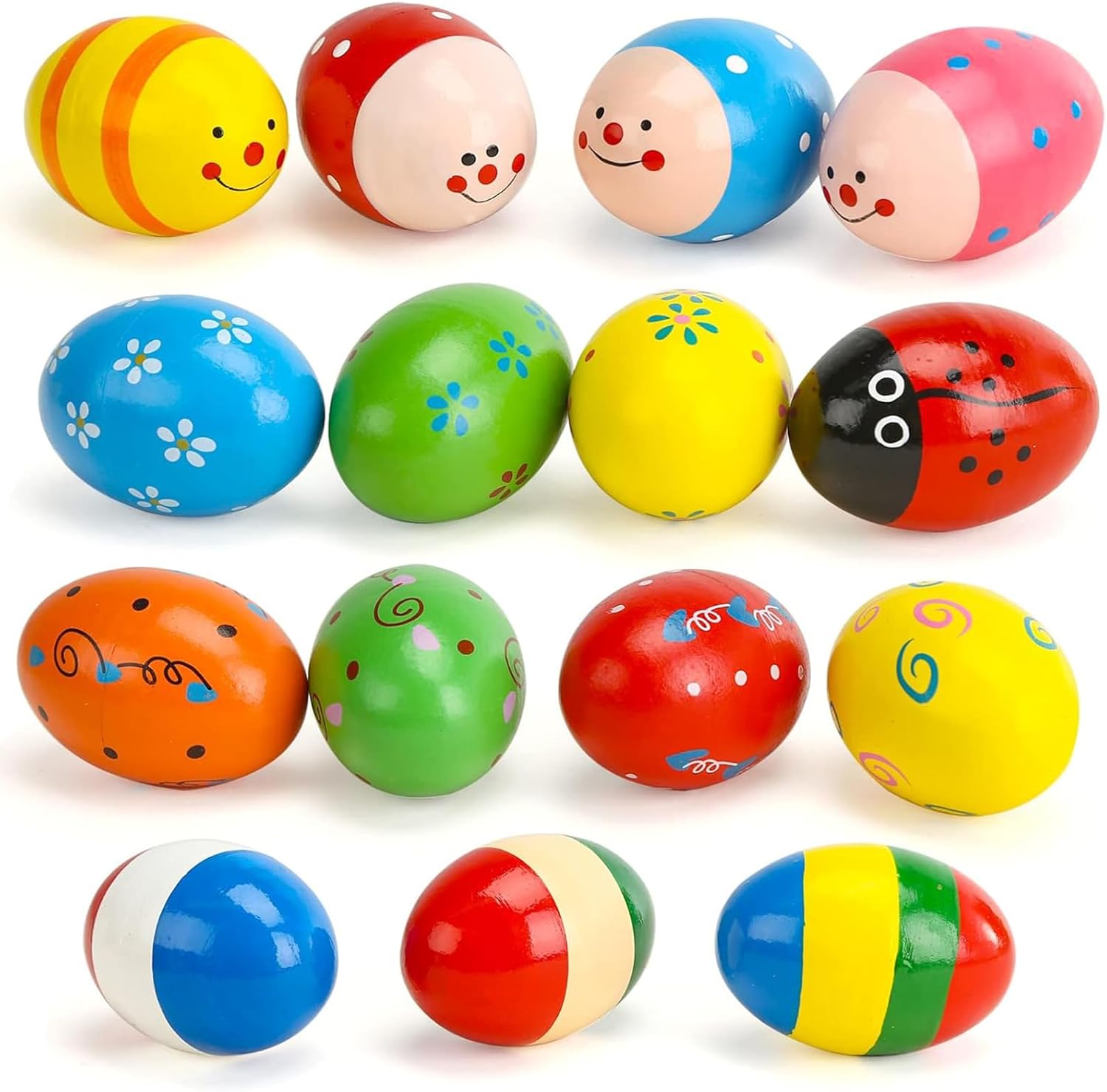 POPLAY wooden percussion musical egg shakers 15 count set front view displaying multiple colors