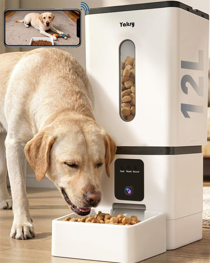 Yakry Automatic Dog Feeder Large Breed front view showing the 12 Liter transparent food hopper and integrated camera