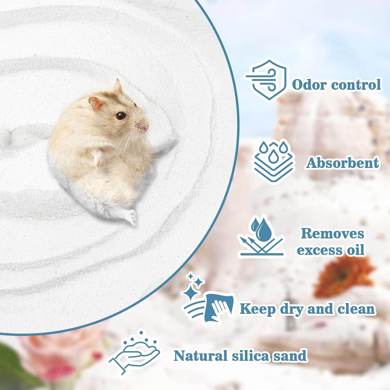 Close up texture of white fine silica sand for small pets