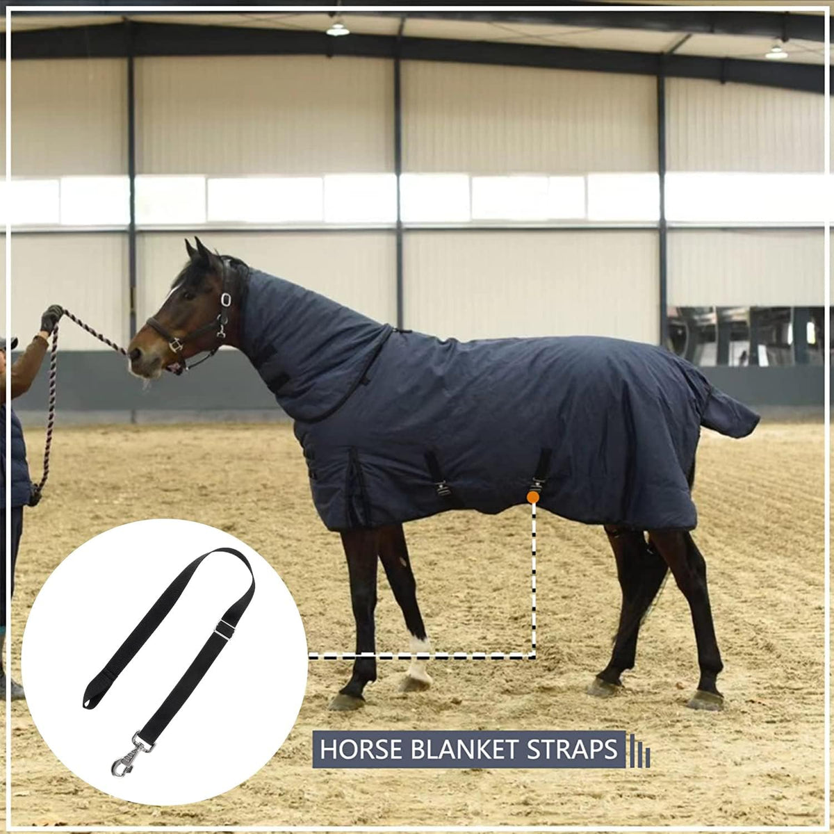 Four pieces of black one inch wide horse sheet leg straps displayed flat