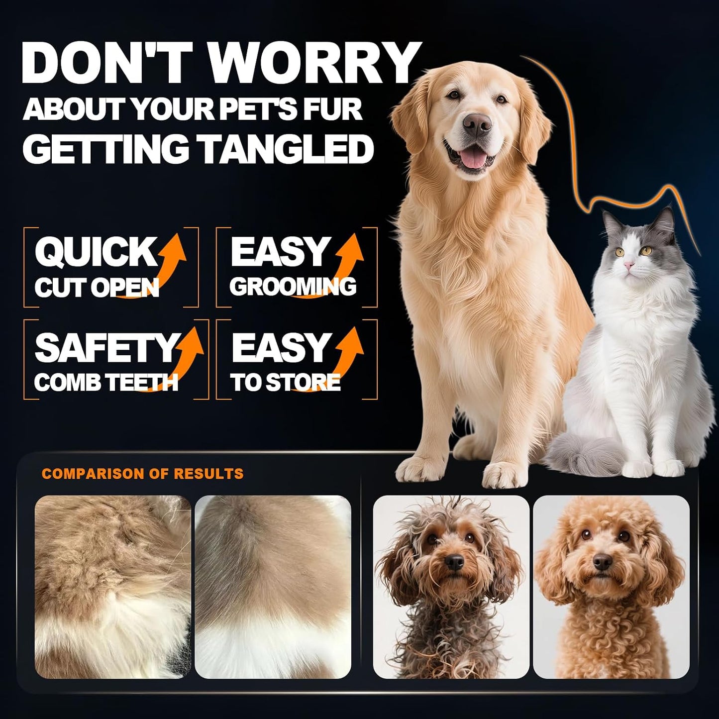 Stainless steel pet dematting comb showing the alternating teeth density side for deshedding cats and dogs.