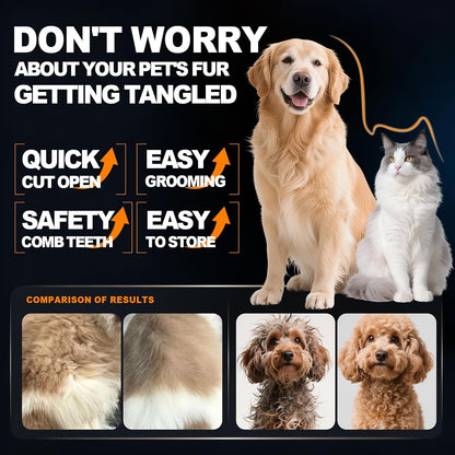 Stainless steel pet dematting comb showing the alternating teeth density side for deshedding cats and dogs.