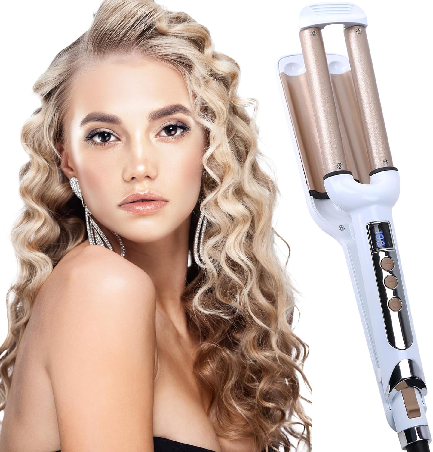 Mannice triple barrel ceramic hair crimper iron front view in champagne color