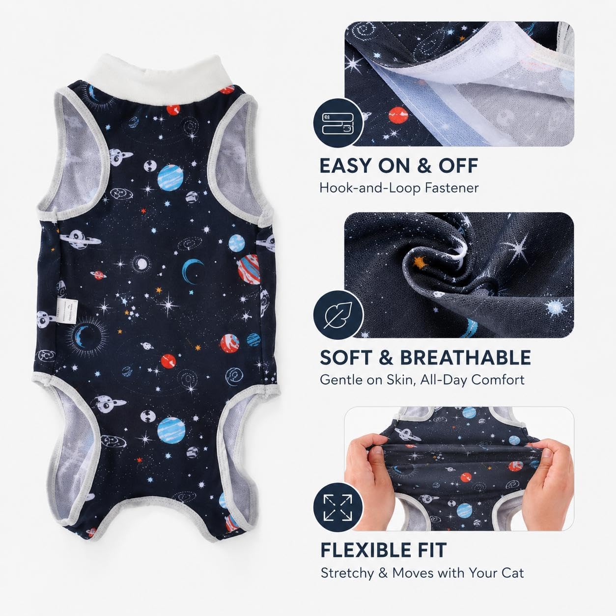 Small cat comfortably resting in Avont breathable recovery suit