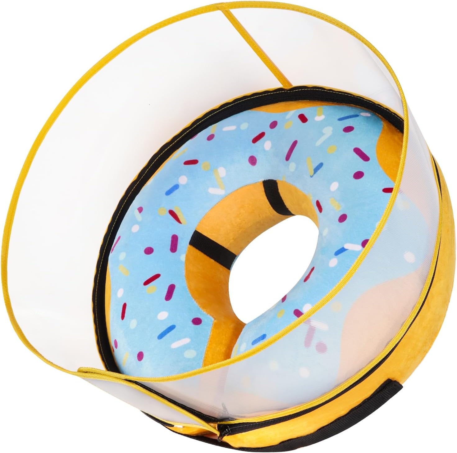 Cneo inflatable dog cone collar front view featuring the cute hamburger design with clear shield attached.