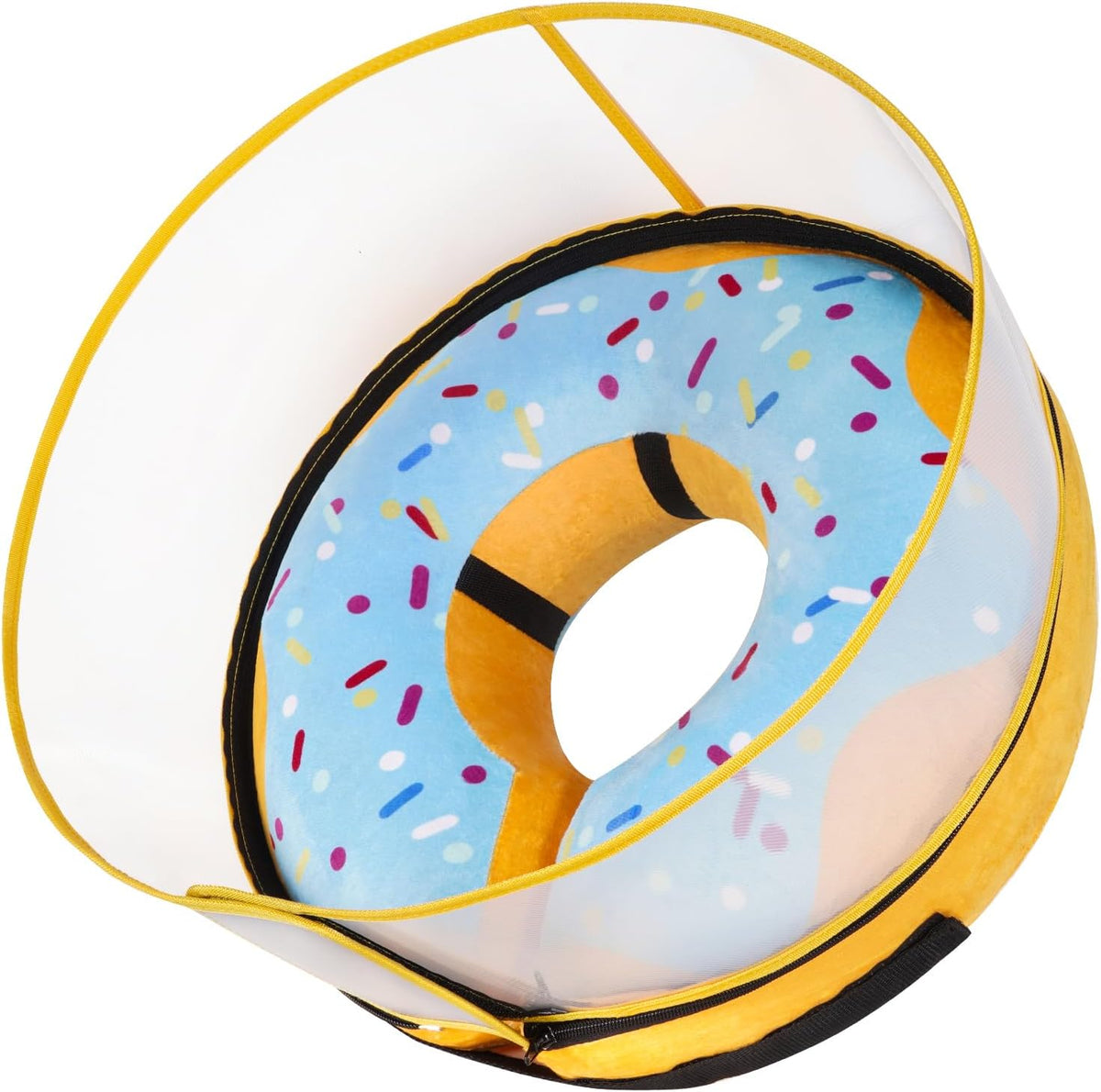 Cneo inflatable dog cone collar front view featuring the cute hamburger design with clear shield attached.