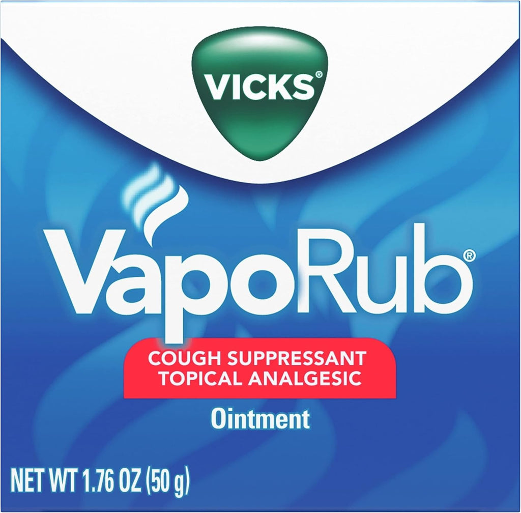 Vicks VapoRub Topical Ointment front view showing blue packaging and white logo