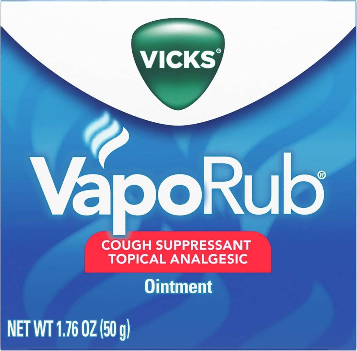 Vicks VapoRub Topical Ointment front view showing blue packaging and white logo