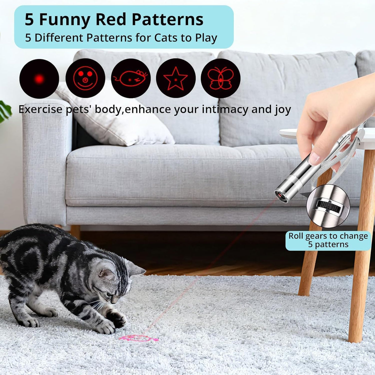 Waputne 3-in-1 pet light demonstrating red laser star and mouse shapes