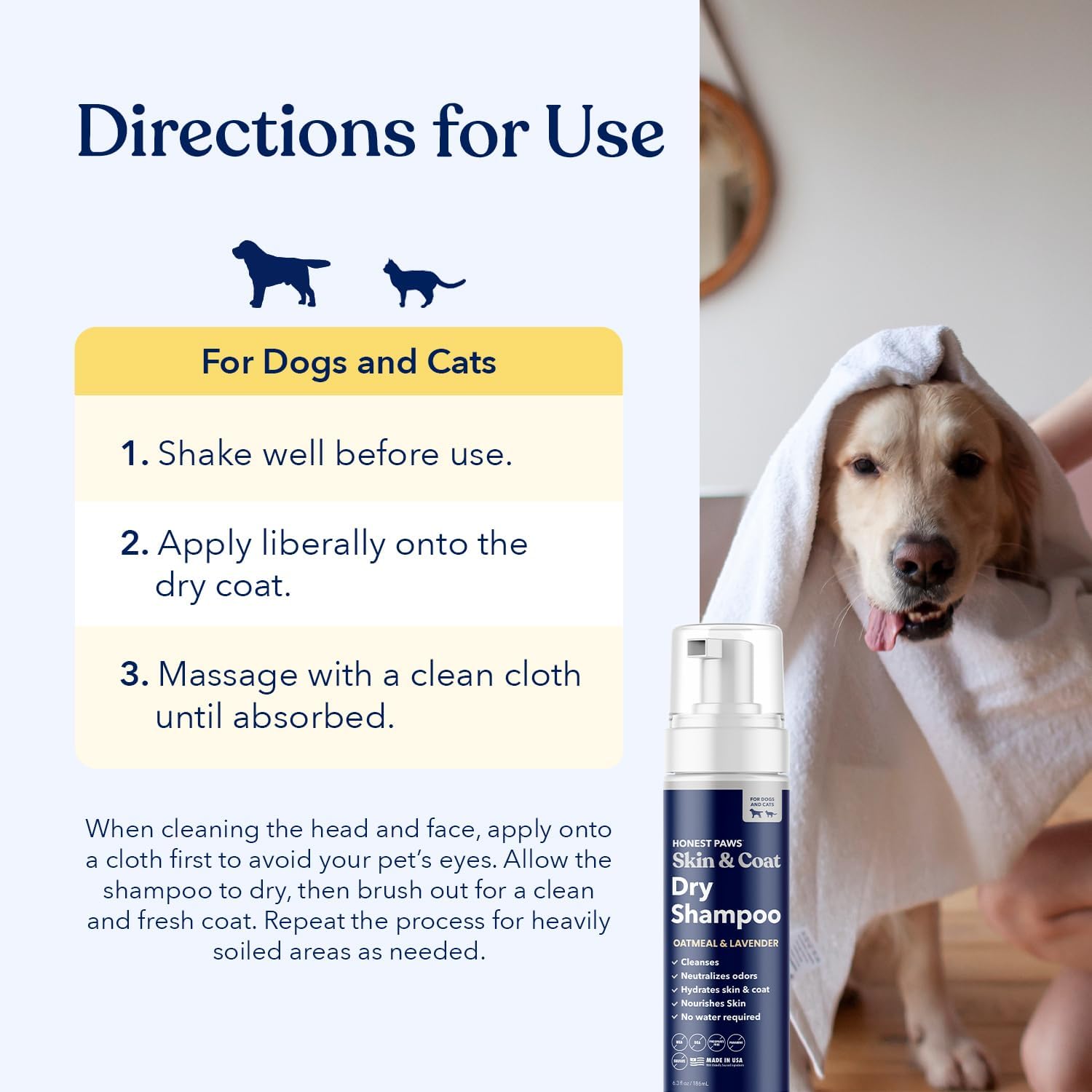 Close up of Honest Paws dog dry shampoo pump dispenser designed for easy foam application