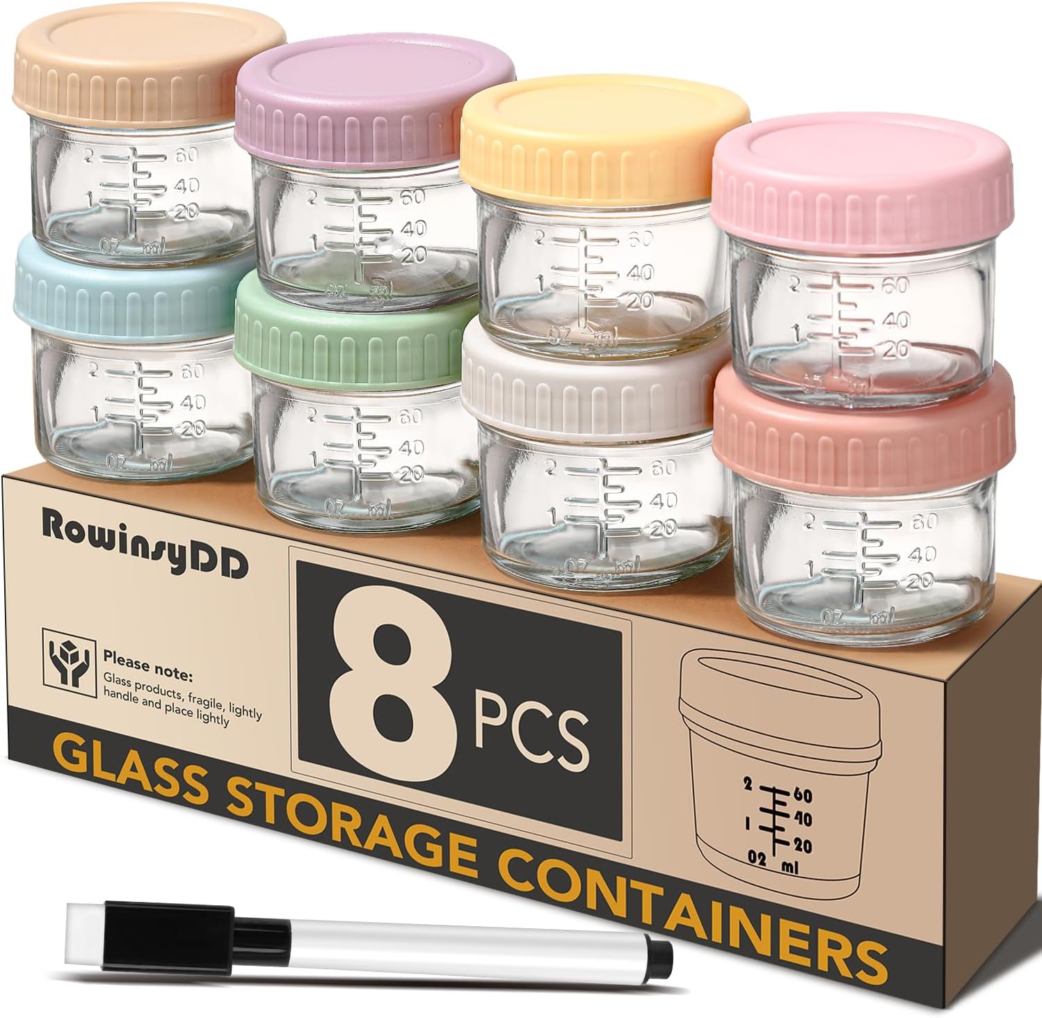 RowinsyDD 8 Pack Glass Baby Food Storage Containers front view