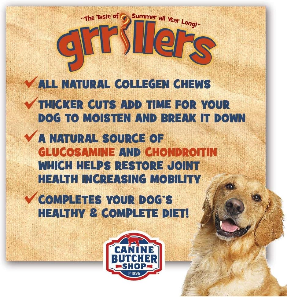 USA imported 12 Ounce Canine Butcher Shop dog chews package with genuine grill marks visible.