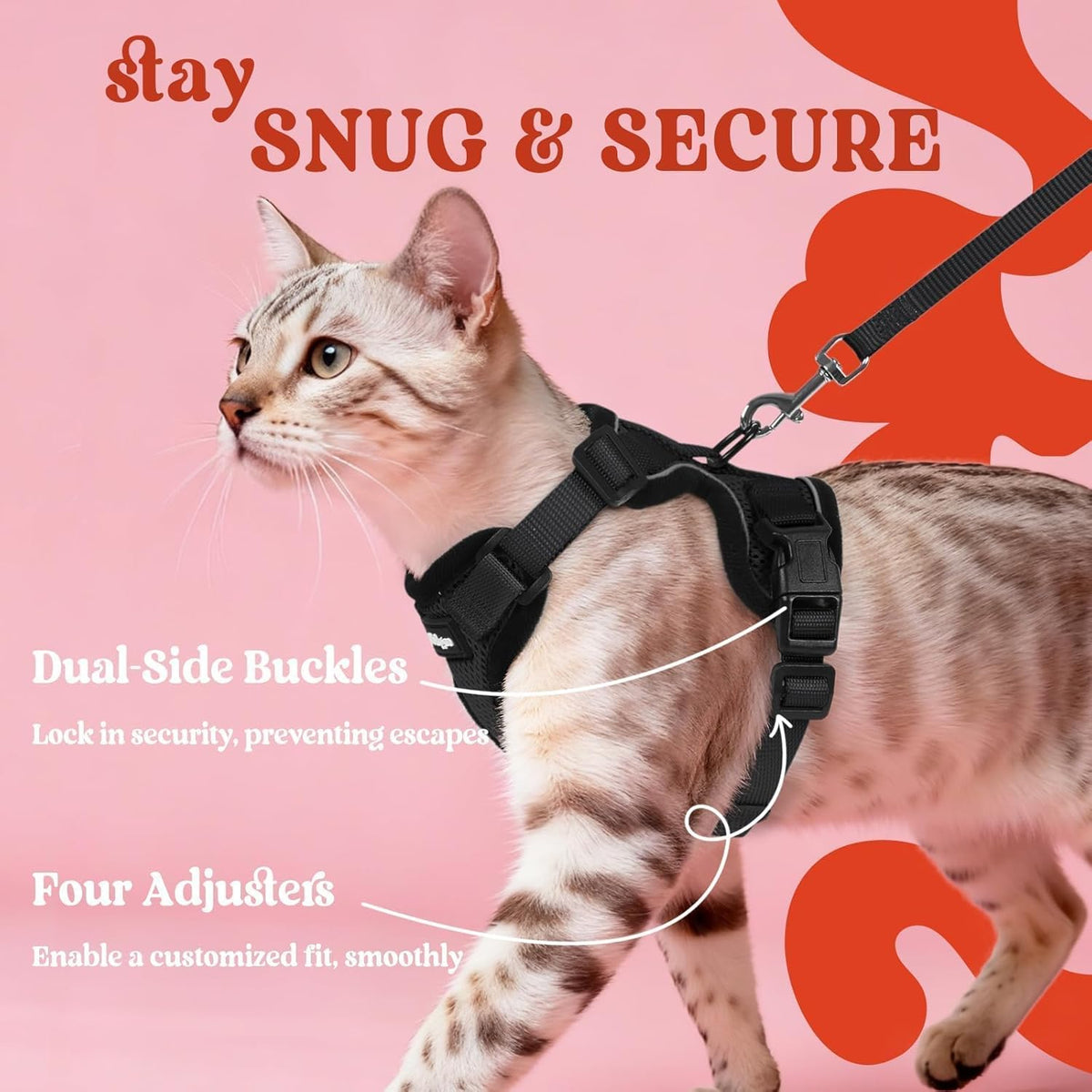 Detailed shot of the durable quick-release buckles on the black cat vest
