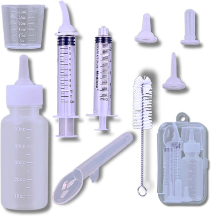 Hatelipet newborn kitten and puppy feeding kit front view showing fifty milliliter nursing bottle and silicone nipples.