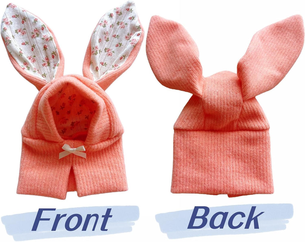 Small dog wearing pink knitted bunny costume hood