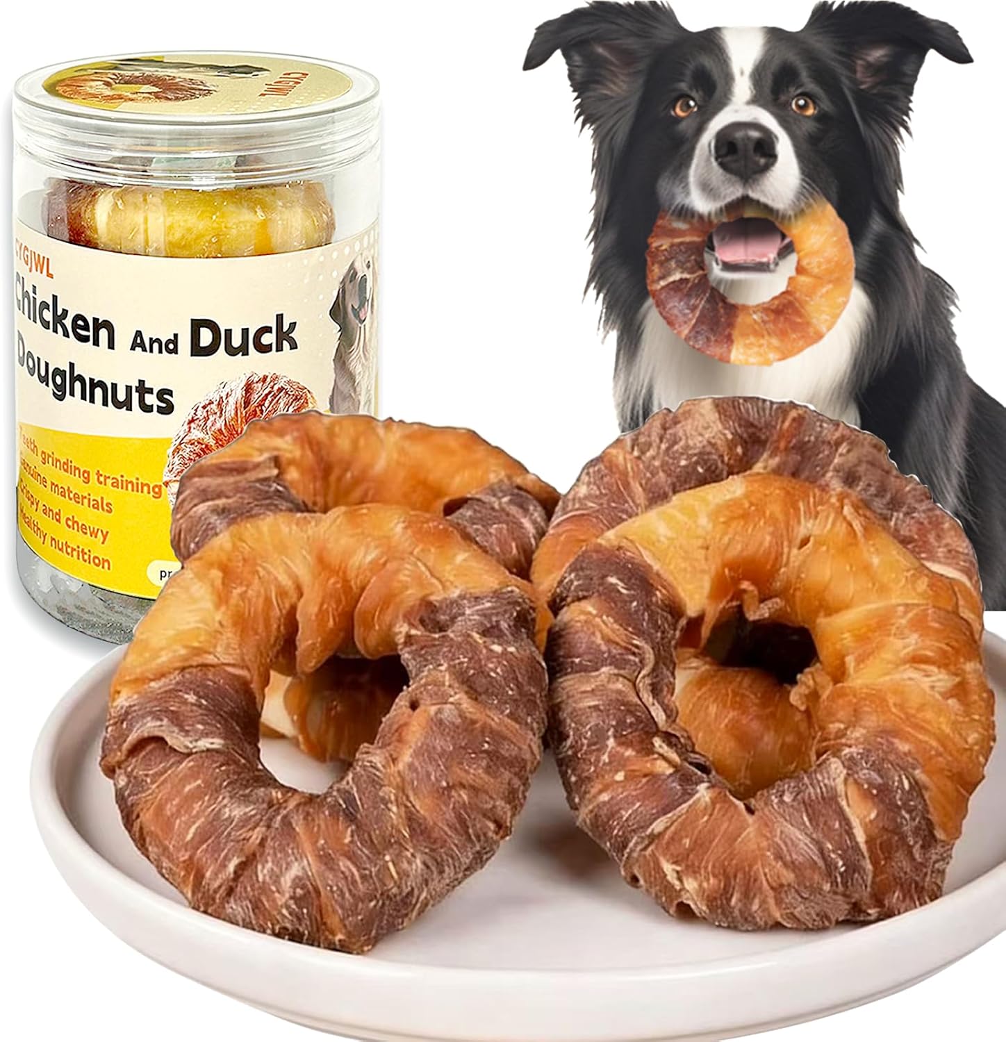 CYGJWL dog donut treats front view package of chicken and duck wrapped rawhide chews.
