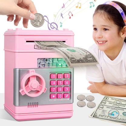 MAGIBX electronic ATM piggy bank for kids front view showing pink keypad door and automated cash roller slot
