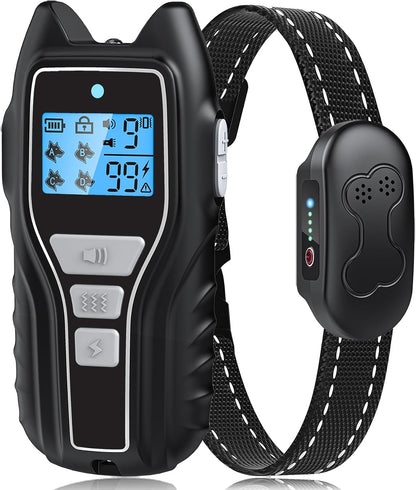 GOCOOI dog training collar with remote front view showcasing the digital LCD screen and black waterproof receiver.