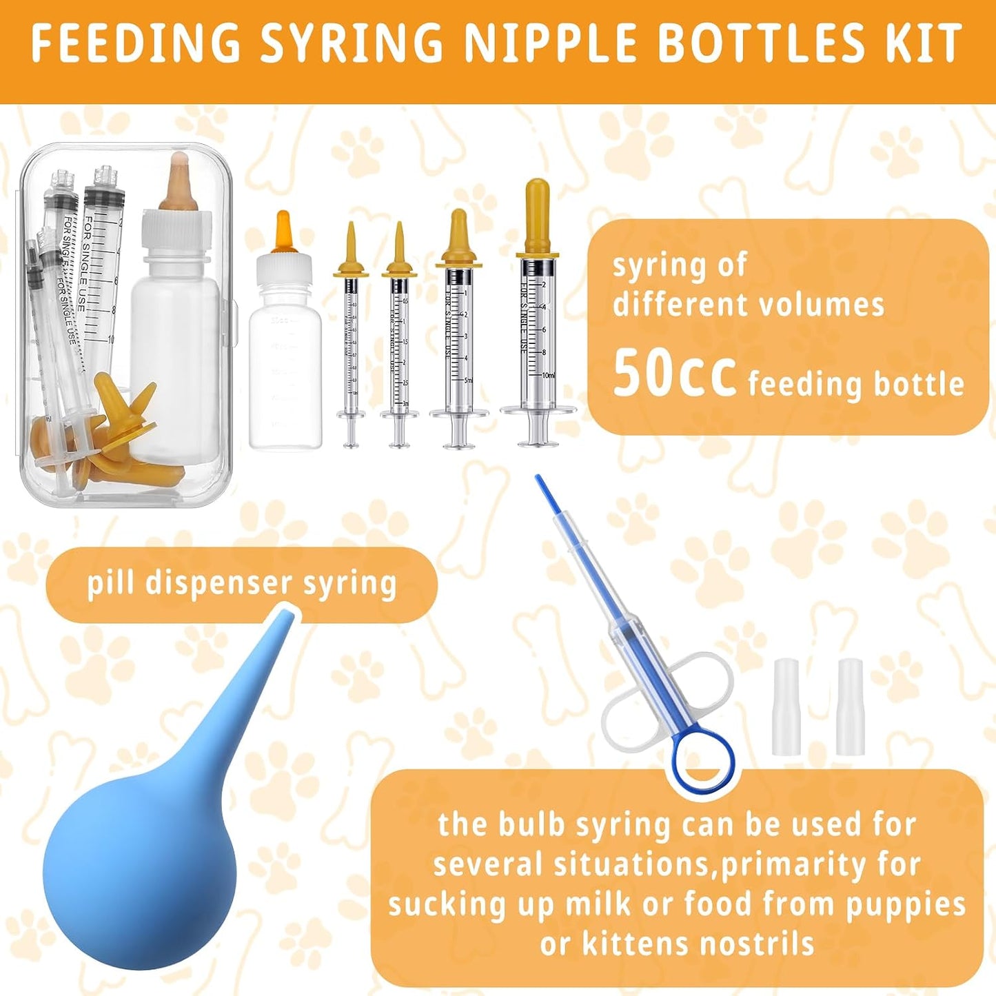 Arrowbash neonatal pet care set displaying specialized puppy feeding tubes, nursing bottles, and medical syringes.