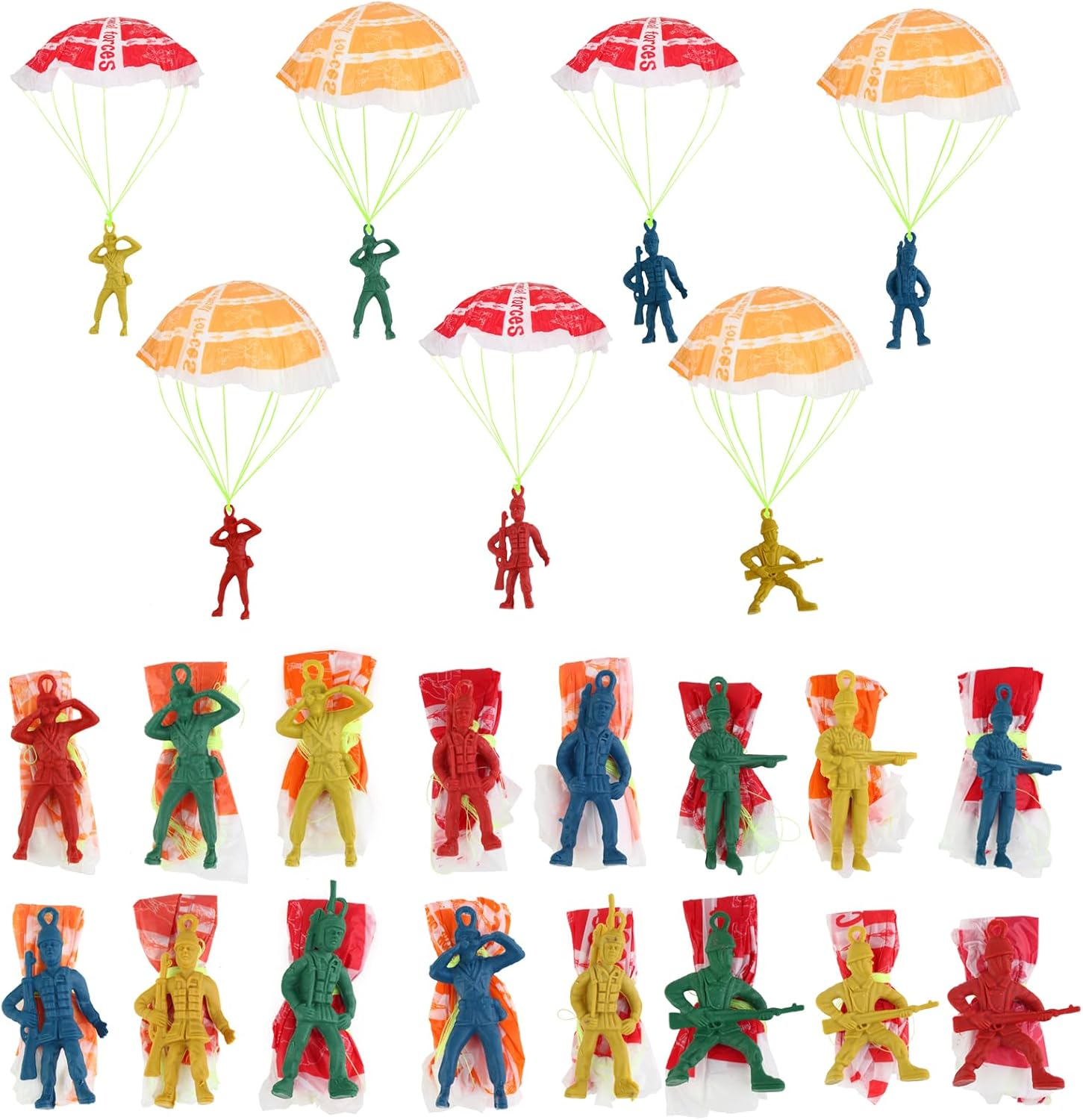 Manmel mini paratroopers parachute toy front view package of forty colorful outdoor action figures.