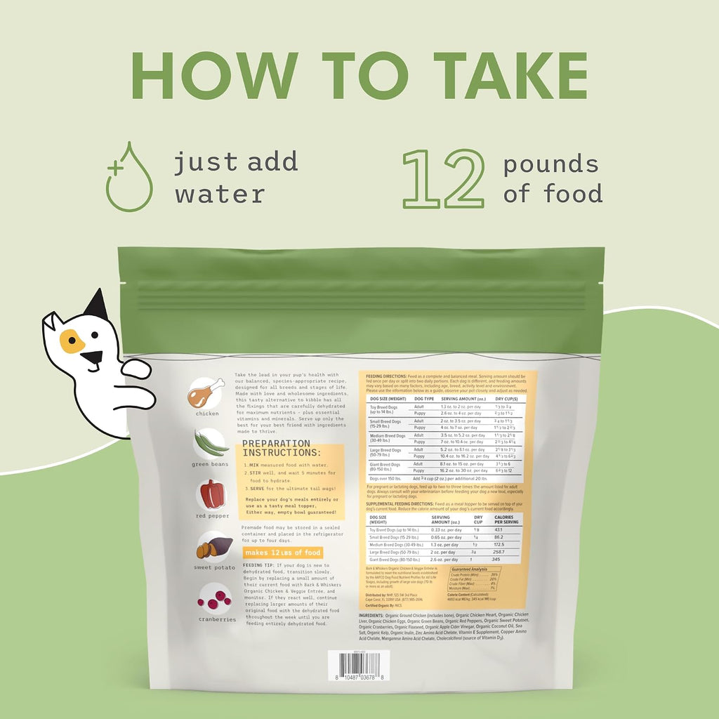 Bark and Whiskers dog food label showing ingredient details