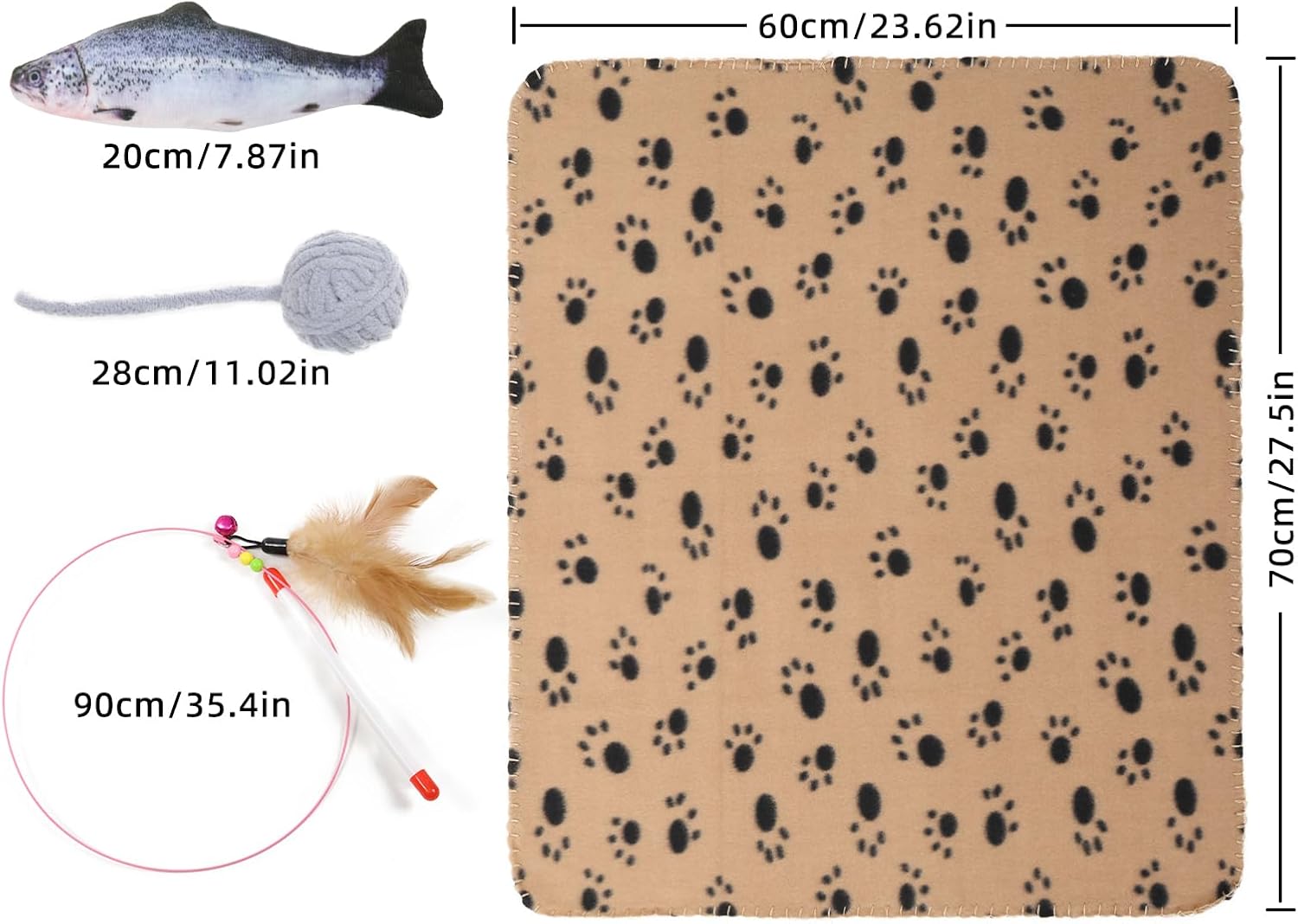 Full pet activity set including the roller track ball toy, plush mice, and crinkle fish arranged neatly.